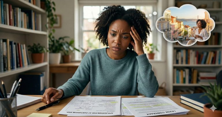 Frazzled African American woman with curly natural hairstyle sitting at desk in her home office with D7 visa application and lease contract in front of her while she daydreams about Portugal.