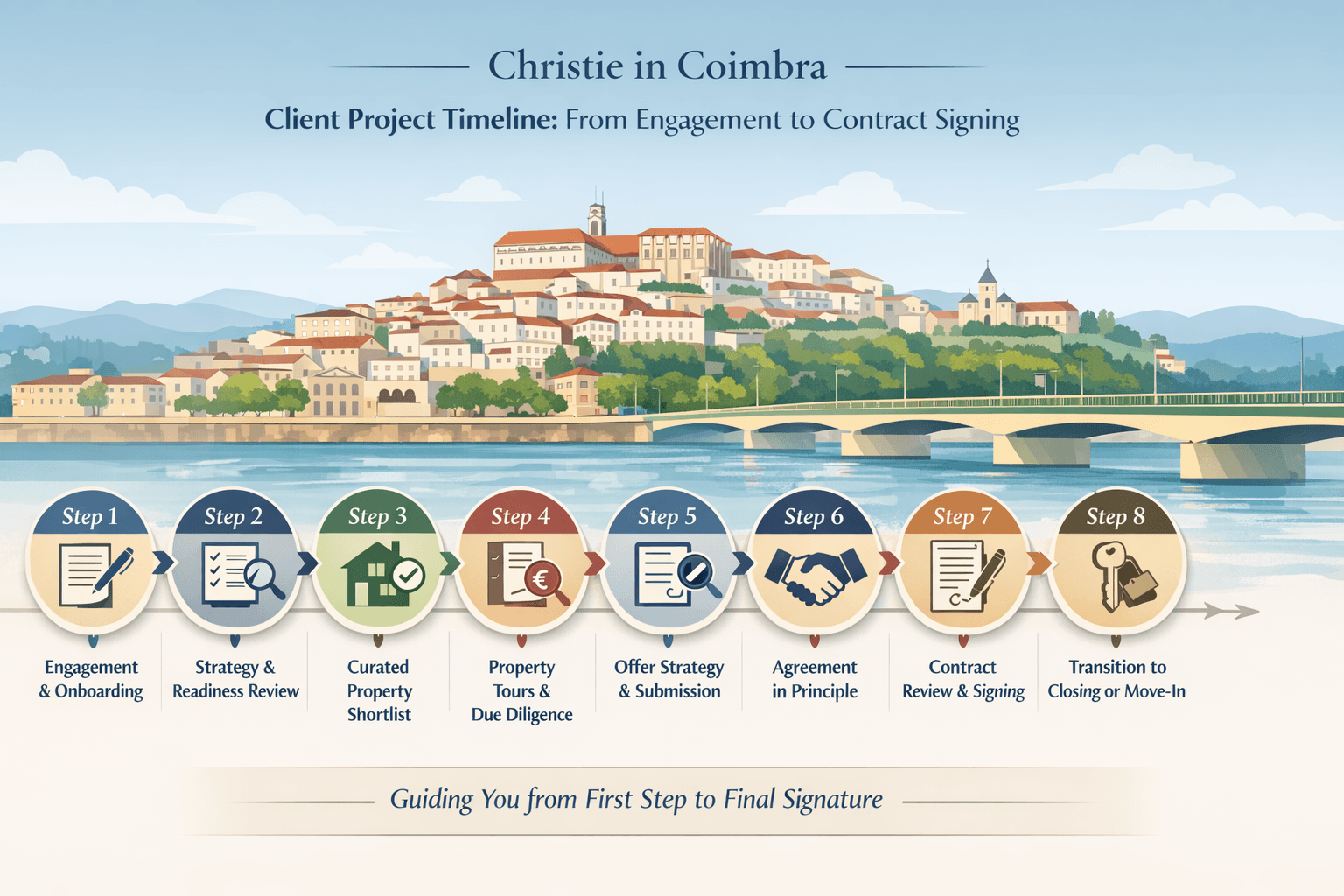 Illustration with beautiful depiction of the hills of Coimbra with the Mondego River in front. Details each step of the Christie in Coimbra client timeline.
