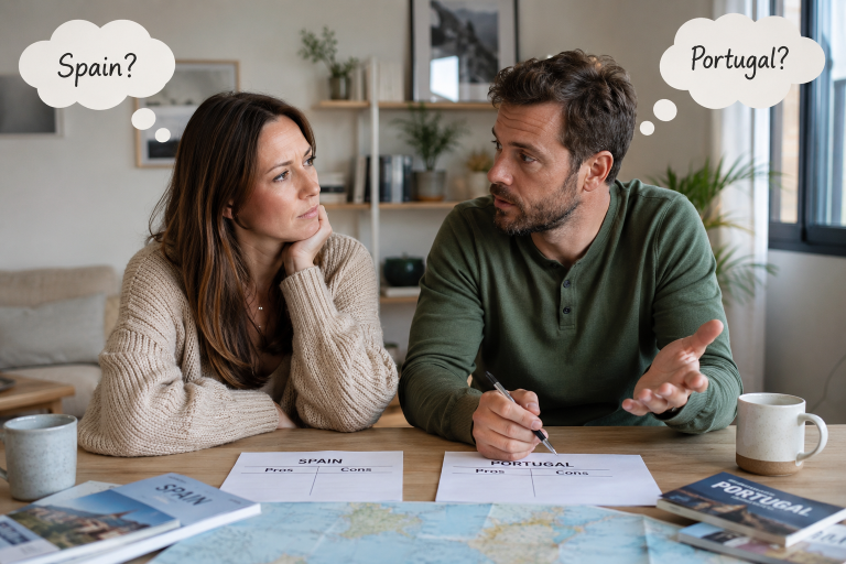 Couple sitting at table with literature about Spain and Portugal