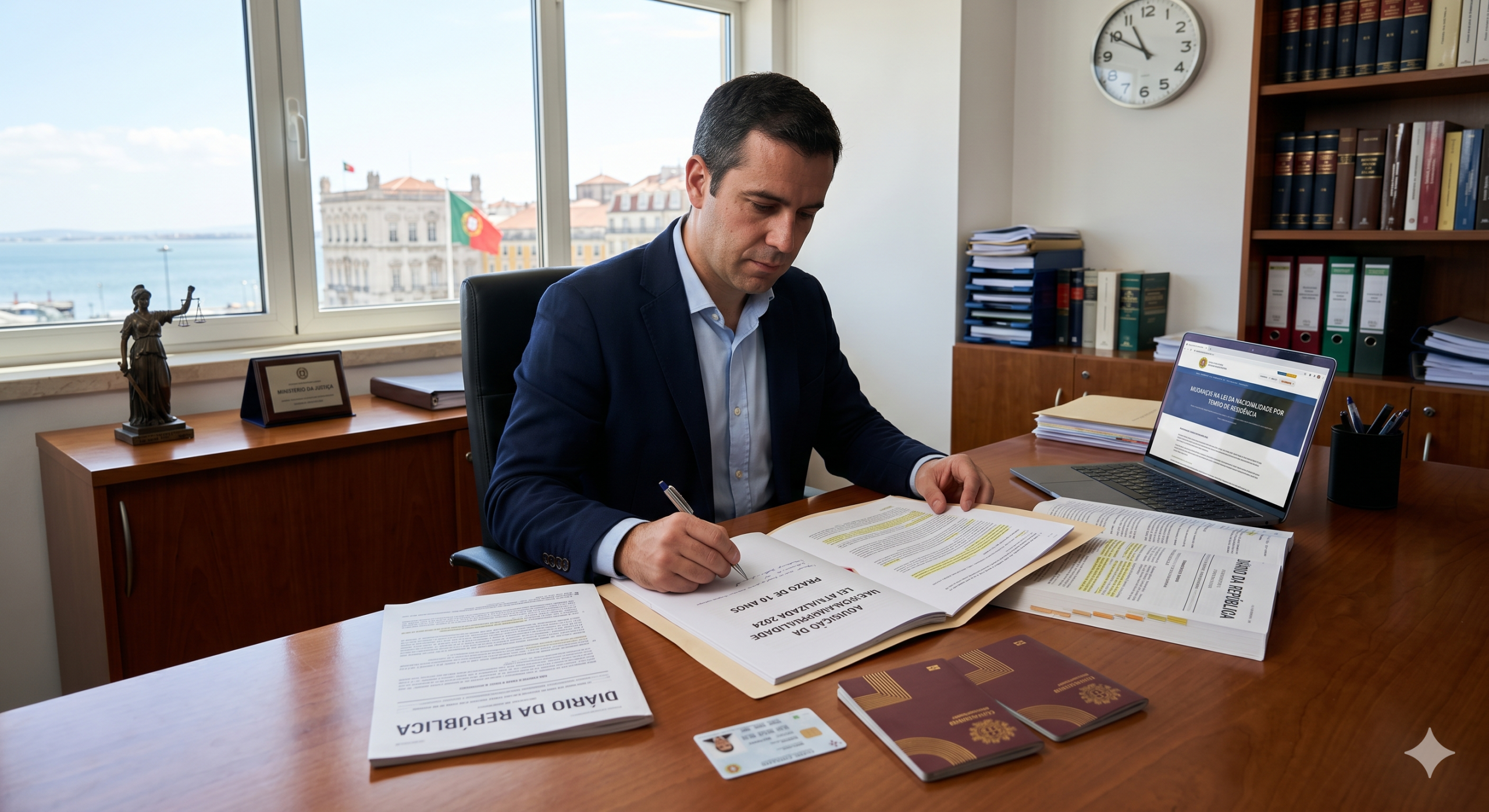 Portuguese man sitting at desk in law office drafting legislation with a view of the Targus river behind him