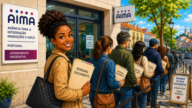 African American standing in line outside of AIMA office with renewal documents in hand